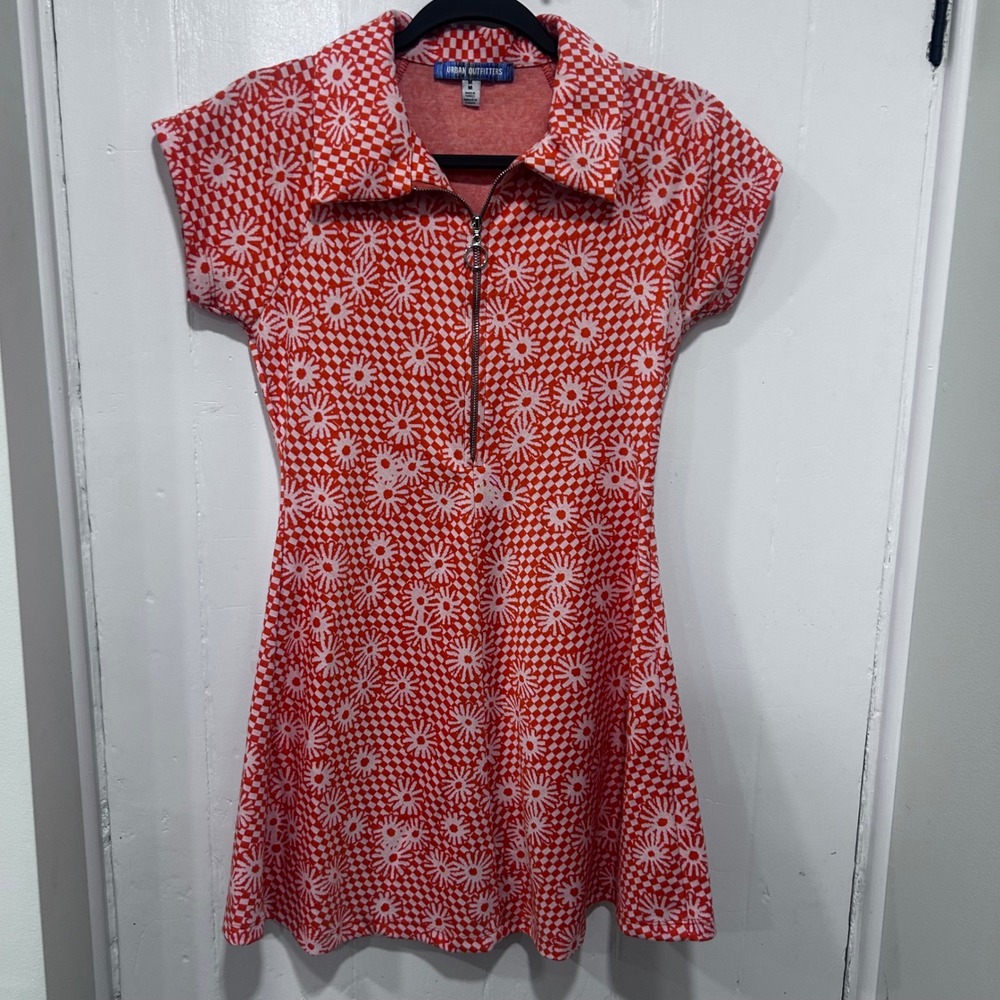 Urban Outfitters orange Checkered Floral Daisy Quarter Zip Mini Dress Medium